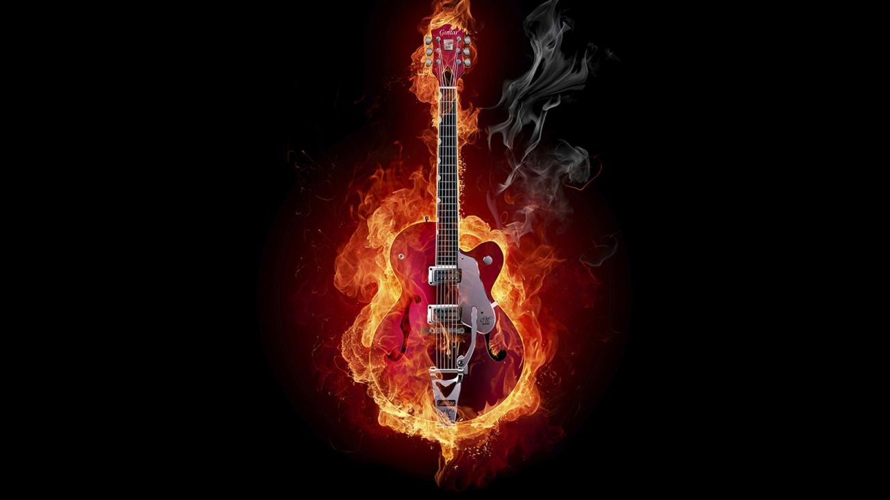 2560x1440 Preview wallpaper guitar, fire, instrument, smoke, background 2560x1440